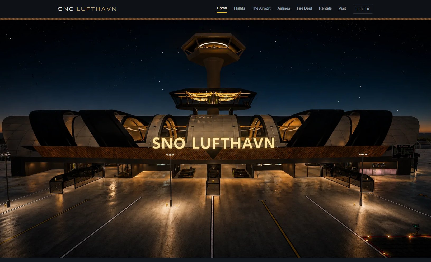 SNO Lufthavn website homepage showing the airport terminal at night